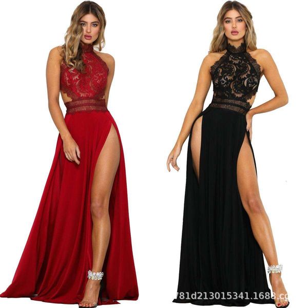 

womens clairvoyant lace naked back high split dress, Black;gray