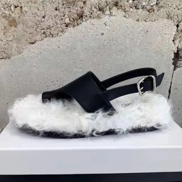 

casual shoes fashion wool thick sole sandals women clip toe spring all-match flat street scatwalk gladiator sandalias 2022, Black