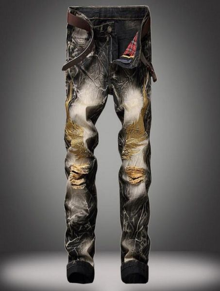 

vintage man brand jeans nouveau mode lancinate pantalon embroidered golden wings fear black ripped large size 28428729727, Blue