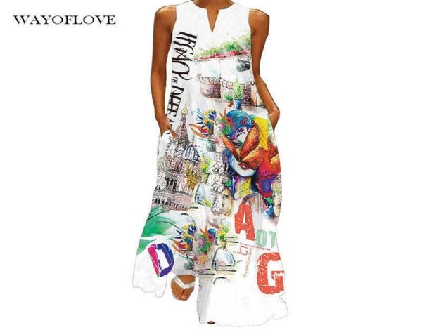

wayoflove letter cartoon printed casual beach dress 2021 plus size long dresses summer woman v neck sleeveless girl maxi dresses q5083478, Black;gray