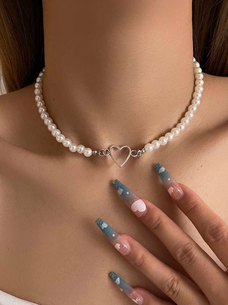 

women's accessories heart decor faux pearl necklace, Silver