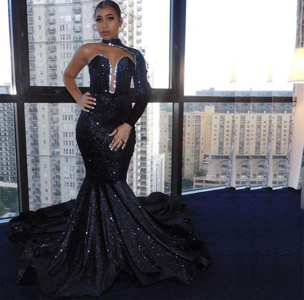 

new style neckline 2021 one long sleeve prom dresses sparkling sequined mermaid evening gowns zipper back vestidos de novia5975004, Black