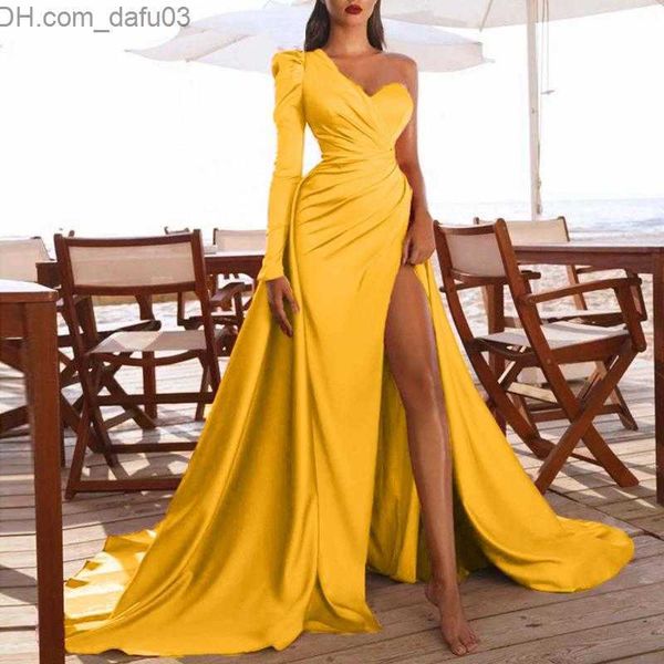 

basic casual dresses casual dresses women high slits gown dress elegant ladies one shoulder tail banquet evening party long wedding guest ma, Black;gray