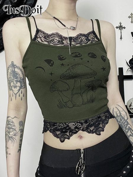

women's tanks camis insdoit y2k lace trim patchwork gothic grunge mushroom print lingerie bustier spaghetti strap crop emo 230724, White