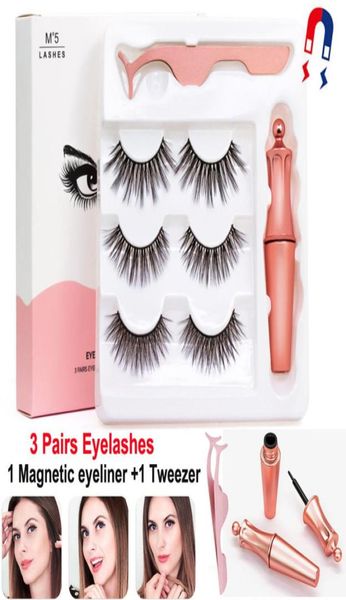 

3 pairs magnetic eyelashes false lashes liquid eyeliner tweezer eye makeup set 3d magnet false eyelashes natural reusable no glu2352227
