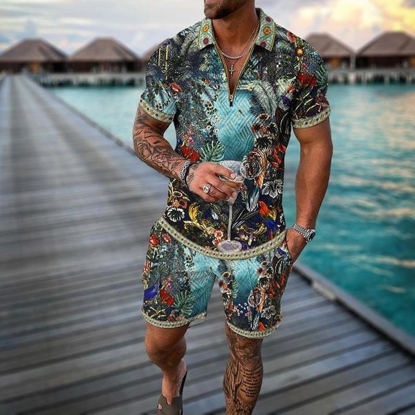 

mens tracksuits fashion zipper polo shirt set casual 3d printed shorts beach boys summer men t shirts 230724, Gray