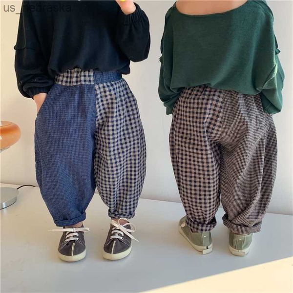 

spring autumn unsiex fashion patchwork plaid harem pants boys and girls linen cotton loose casual pants l230518, Blue