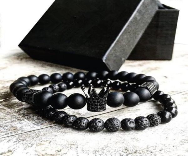 

2pcsset men woman bead bracelet crown charm bangle natural beads buddha bracelet for women and mens pulseras masculina3684869, Black