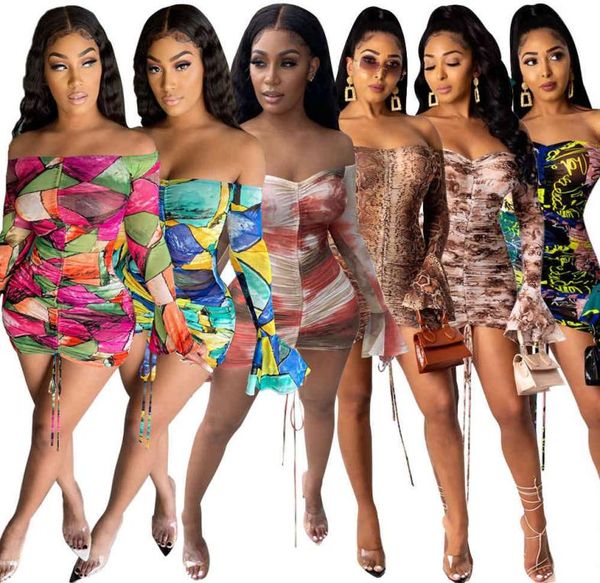 

women midi dress off shoulder designer printed casual mesh slim tight drawstring ladies skirt 8355951155, Black;gray