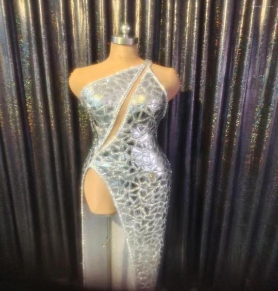 

stage wear silver inclined shoulder backless high slit shining mirror sequins dress for women celebrity party clothing singer4642992, Black;red