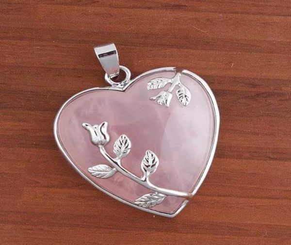 

whole 10pcs charm silver plated natural rose quartz stone heart shape chakra stone pendant jewelry5070783