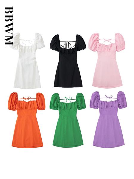 

basic casual dresses summer 2023 women solid linen mini dress vintage square collar short sleeve chic female sweet elegant vestidos 230724, Black;gray