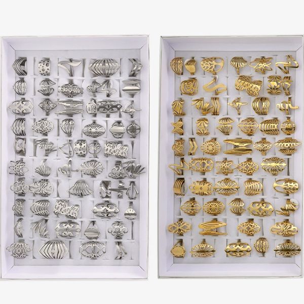 

30 pieces/batch of high-quality gold silver stainless steel open end men's rings, fashionable women's adjustable mixed jewelry rin, Golden;silver