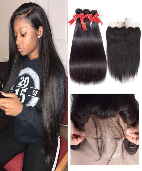

brazilian straight hair bundles with frontal brown lace closure human hair frontal with bundles7141914, Black