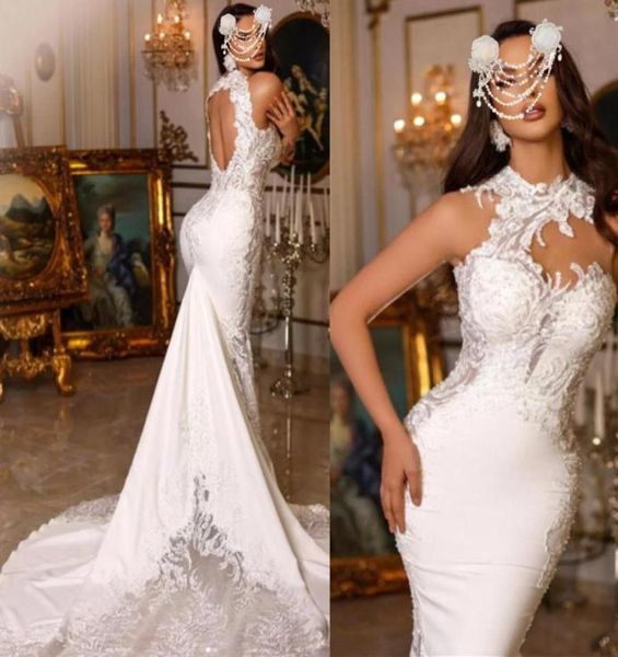 

2023 dubai luxury mermaid wedding dresses plus size high neck beading vestido de novia appliqued bridal gowns custom made6333329, White
