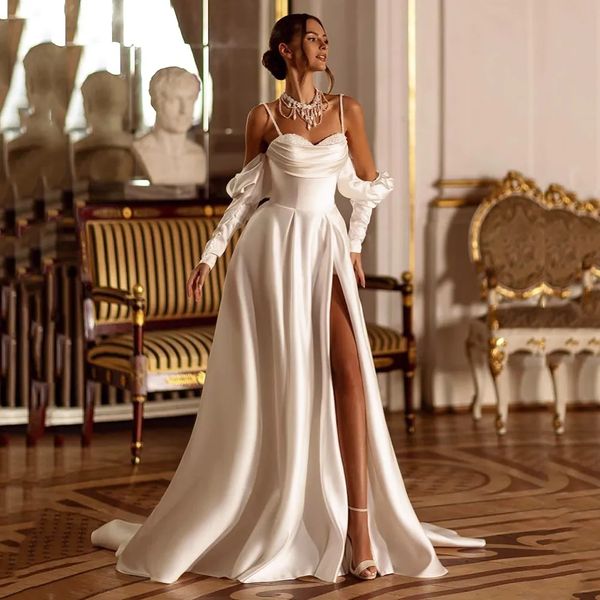 

doymeny-elegant-beach-boho-wedding-dresses-sweetheart-beaded-sequins-pleat-bride-bridal-gowns-split-satin-vestido, White