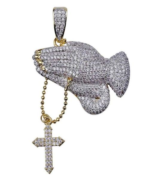 

hip hop brass double colors iced out micro pave cz praying hands cross pendant necklace charm for men women5841635, Silver