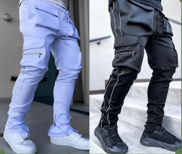 

2021 spring and autumn tooling pants men039s tide brand stretch multipocket reflective straight sports fitness leisure trouser7513378, Black