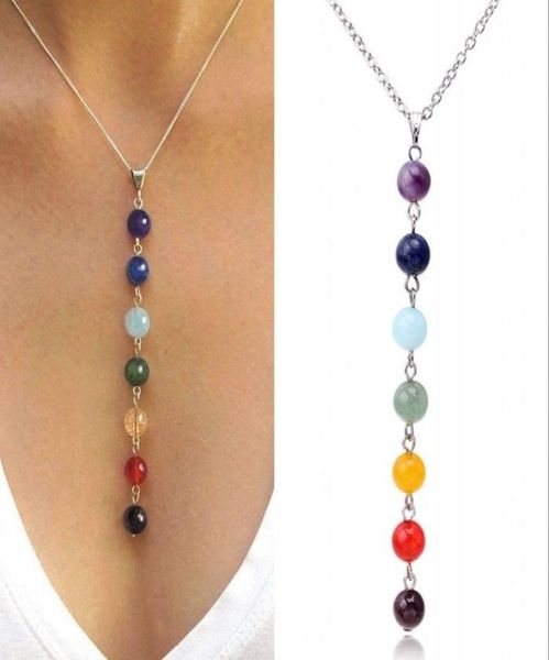 

7 chakra reiki beads healing gemstone charms pendant yoga balancing necklace lapisturquoiseamethyst crystaljade8190017, Silver