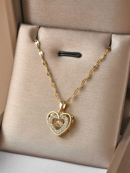 

women's accessories rhinestone decor heart charm necklace, Silver