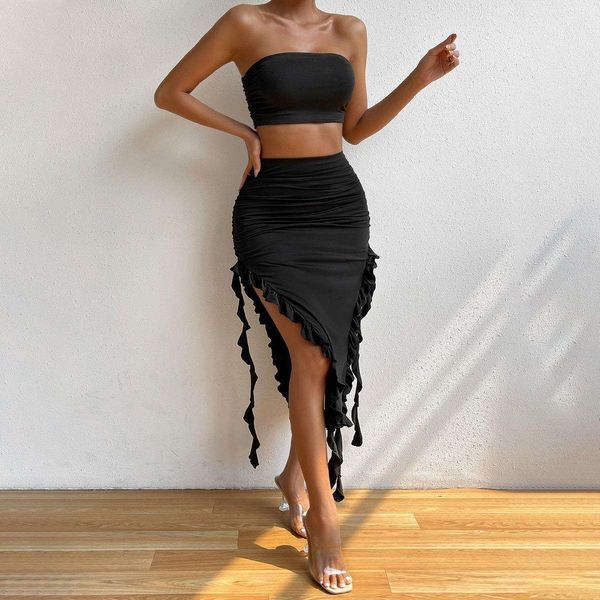 

style strapless womens hip pleated split dress irregular suit, Black;gray