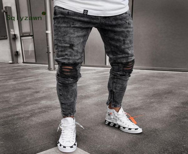 

men low waist jeans skinny slim ripped distressed pleated knee hole denim pants 2019 summer black stretch leg zip pencil jeans7025056, Blue