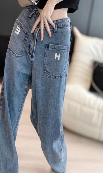 

women039s jeans with big letter jeans straight casual denim pant high waist label long pants female tide for lady8015082, Blue