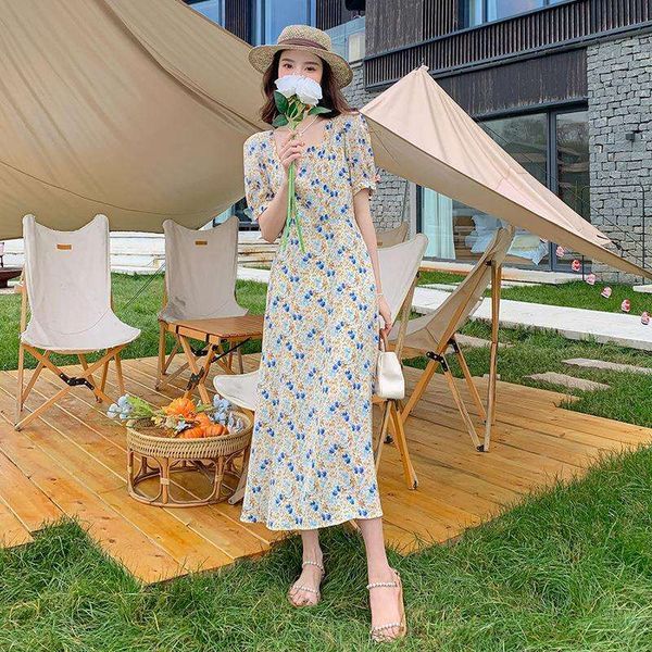 

french floral chiffon dress womens summer temperament square collar, Black;gray