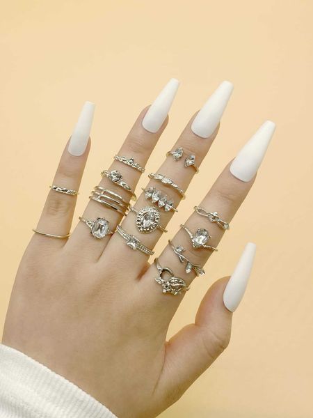 

women's accessories 15pcs rhinestone decor ring, Silver