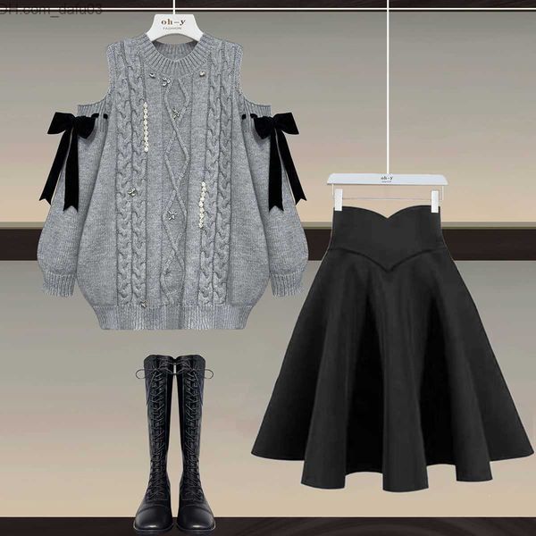 

two piece dress two piece dress fall winter set s outfit for women off the shoulder bow diamond knitted sweater and pleated skirts 221010 z2, White