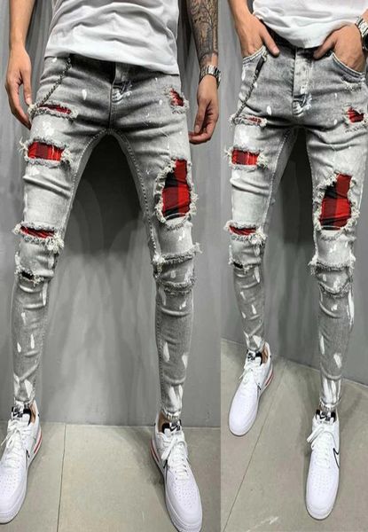 

men039s skinny ripped jeans plaid patchwork denim trousers hiphop print jogging pencil denim men pants x062126353224289272, Blue