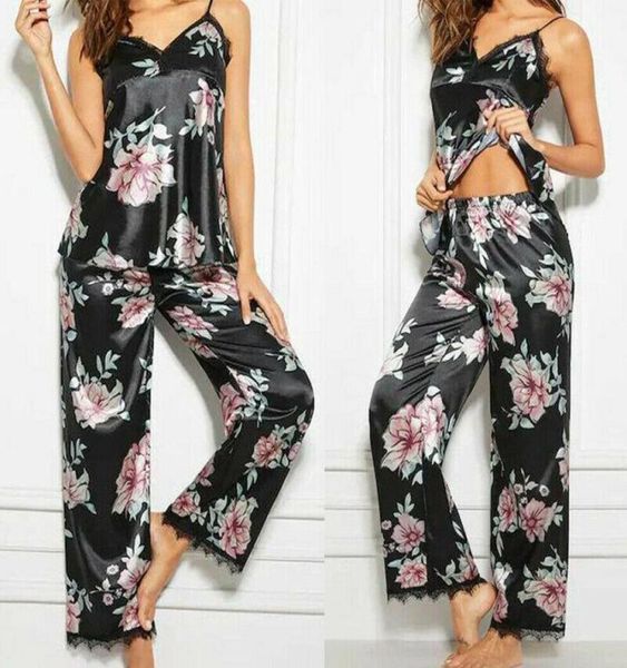 

women silk satin pajamas set pyjama sleepwear nightwear loungewear home suit lingerie 2pcs summer two piece dress2176659, White