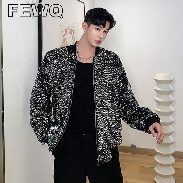 

men's jackets fewq casual sequin men coat long sleeve lapel jacket 2023 korean fashion zipper temperament male 230724, Black;brown