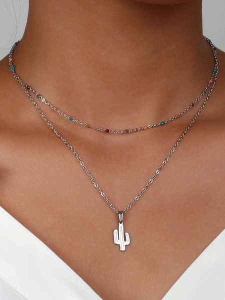 

women's accessories cactus pendant layered necklace, Golden;silver