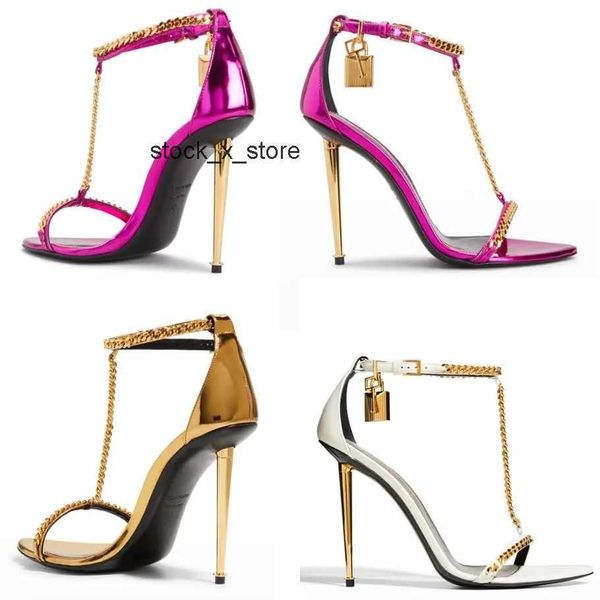 

heels tom-fords women box high heels dress sandal shoes -sandal gold mirror padlock party t-strap chain leather with sandals wedding, Black