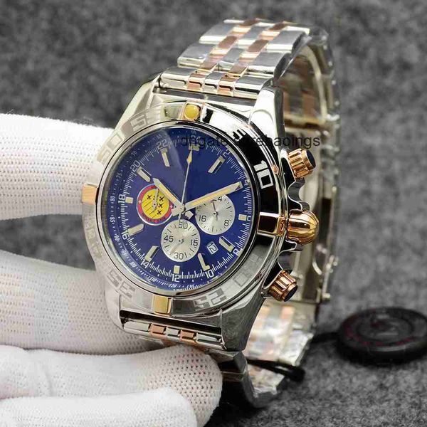 

chronomat patrouille air watch quality navitimer chronograph quartz two tone blue dial 50th anniversary men watch steel strap mens wristwatc, Slivery;golden