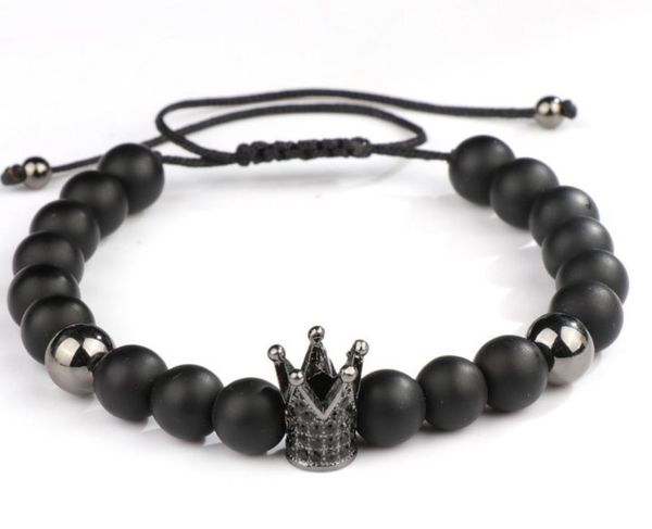 

8mm uuyy8 micro pave cz zircon cubic zirconia elastic adjusted charm nature black stone volcanic lava bead crown charm bracelet7170556