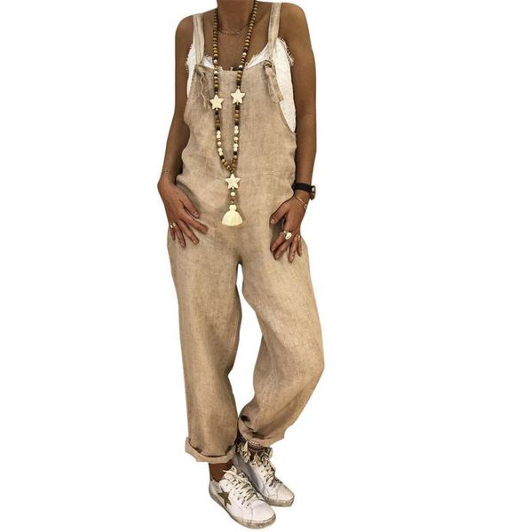 

2018 woman autumn and winter casual loose straight large size linen solid cotton onepiece bib dungarees rompers jumpsuits pants y3292420, Black;gray
