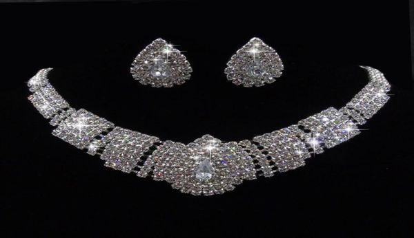 

luxury crystal bridal wedding jewelry set shinning crystal rhinestone stud earrings necklace set for girls women party jewelry gif5008169, Slivery;golden