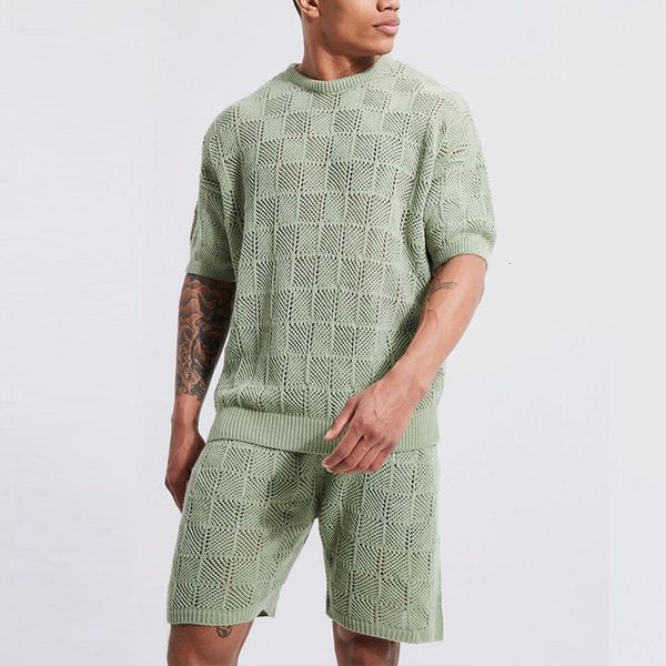 

men's tracksuits fashion hollow out solid color knit men's two piece sets summer casual short sleeve o neck tee and shorts suits, Gray