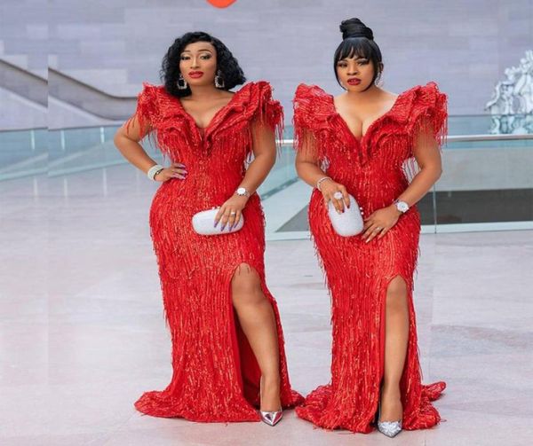 

red beading side split mermaid evening dresses v neck ruffles sleeve sequin evening gown sweep train prom dress7748869, Black;red