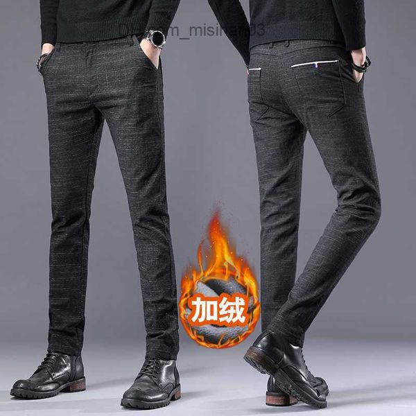 

men's pants men's pants 2022 stretch warm wool dress flannel lining black blue gray straight casual suit winter 28-381 z230725