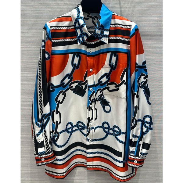 

7.25 chains print contrast color single breasted women's blouses 100% silk shirts, White