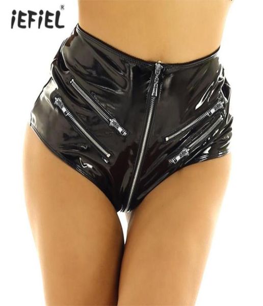 

women039s panties women wet look patent leather sissy rave outfit clubwear high waist front zipper crotchless latex booty short7741975, Black;pink