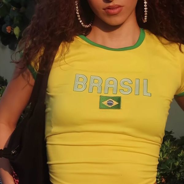 

women's tshirt y2k brazil alphabet print retro summer women crop tshirts harajuku street wear high o neck short sleeve t shirt 230724, White