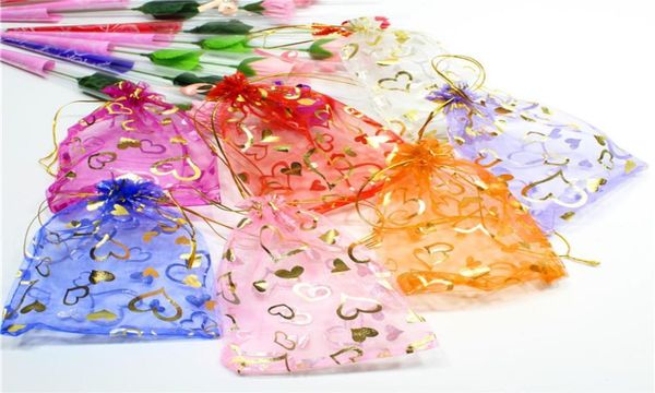 

100pcslot organza jewelry gift pouch bronzing bags heart shape 79cm christmas wedding gift packing bag1233761, Pink;blue