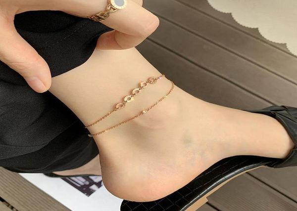 

link chain simple titanium steel rose gold women039s beach foot double layer antique versatile net red anklet1692222, Black