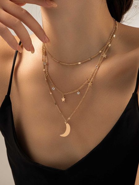 

women's accessories 3pcs star moon charm necklace, Silver