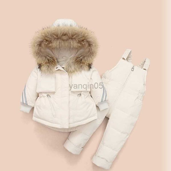 

down coat children winter down clothing sets hooded real fur collar kids down jacket baby girls warm overalls toddler coats hkd230725, Blue;gray