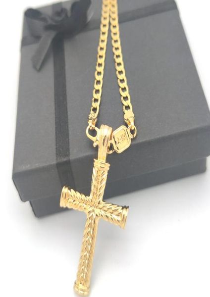 

cross 24 k solid gold gf charms lines pendant necklace curb chain christian jewelry factory wholecrucifix god gift6122040, Silver